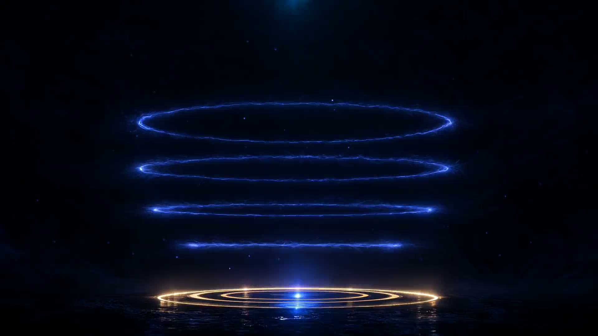 Quatro anéis de luz empilhados sobre uma bacia com borda dourada acesa.