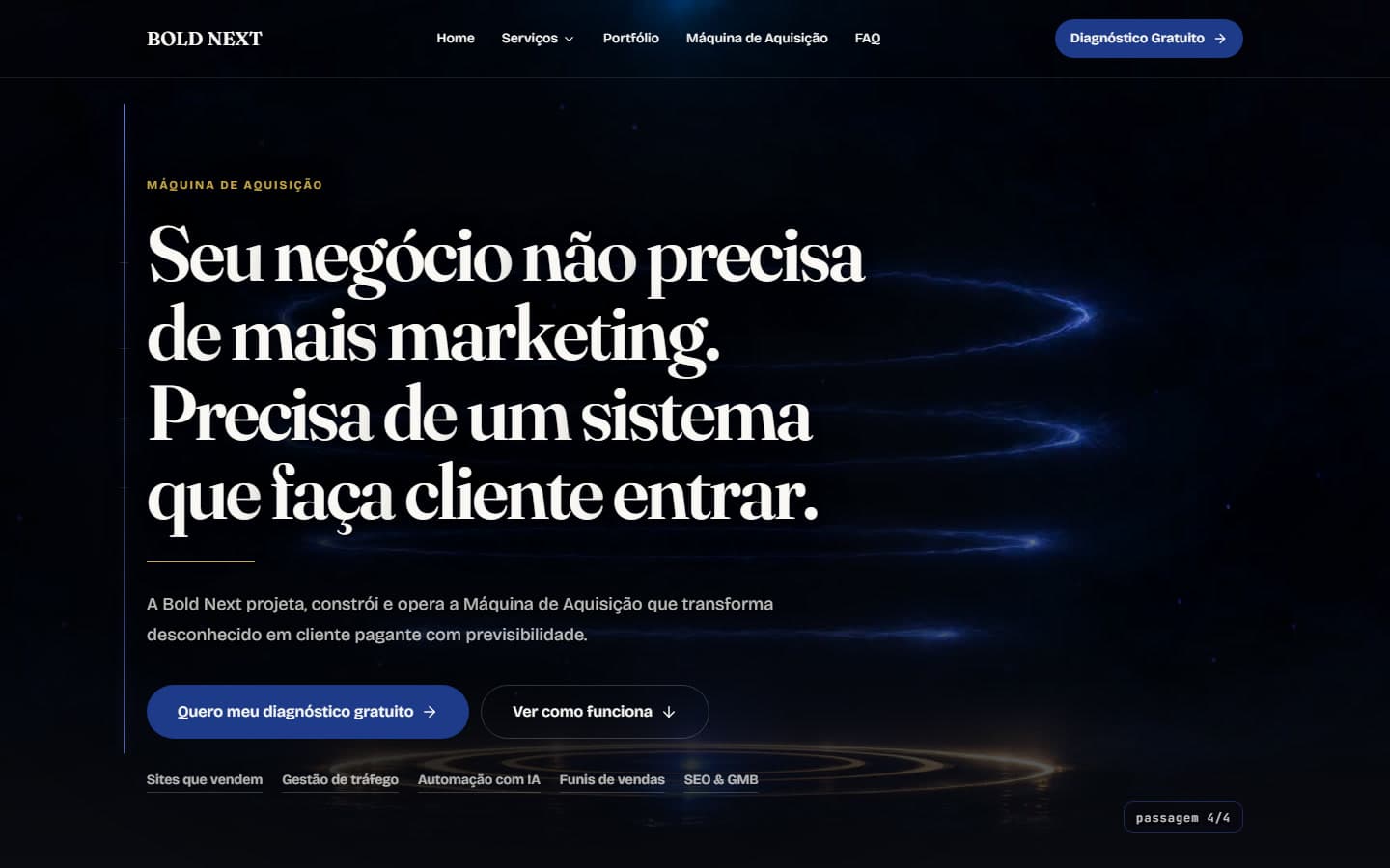 Página inicial do site da Bold Next, com o título sobre os anéis de luz do vídeo.